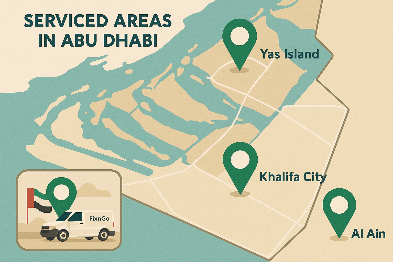 Map of Abu Dhabi areas served by FixnGO's 24/7 mobile tyre repair and roadside assistance