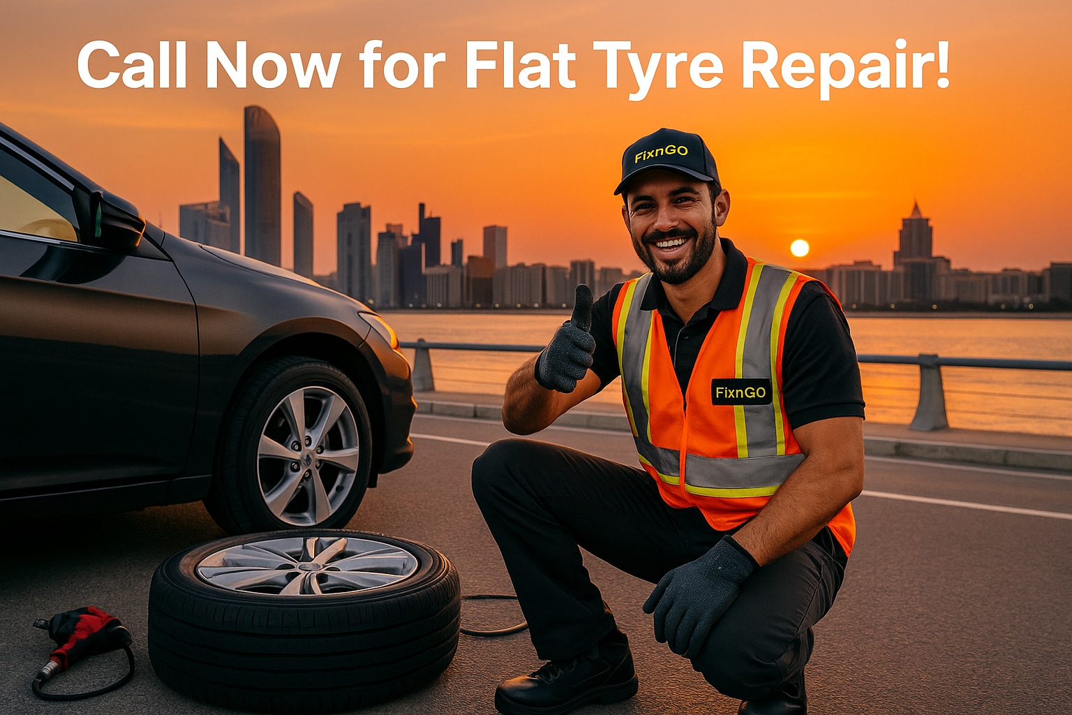 FixnGO technician completing emergency tyre puncture repair in Abu Dhabi, ready for safe driving