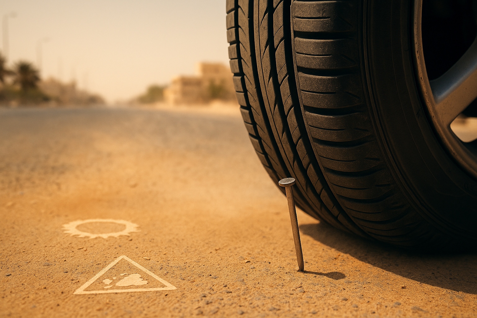 Common causes of flat tyre in Abu Dhabi, including puncture from road debris and heat-related damage
