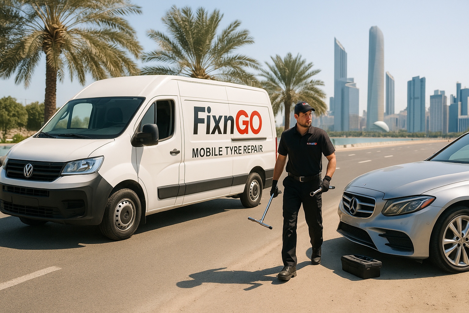 Mobile tyre repair van providing emergency flat tyre repair service on Abu Dhabi roadside