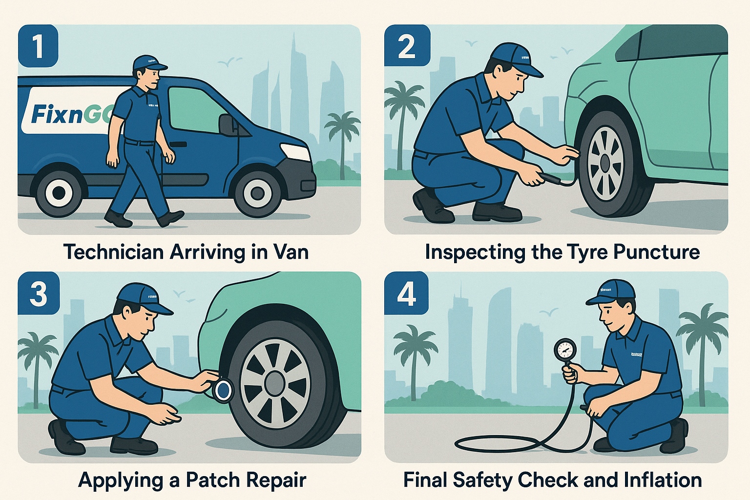 Step-by-step process of mobile flat tyre repair service by FixnGO in Abu Dhabi