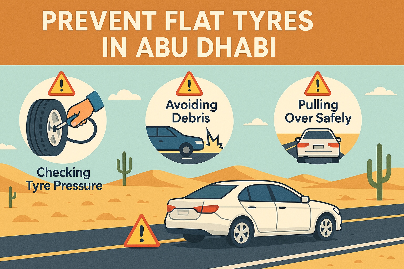 Safety tips for avoiding and handling flat tyres in Abu Dhabi, including tyre maintenance and emergency response