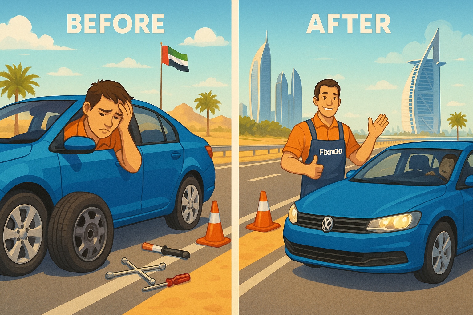 Before and after flat tyre repair in Abu Dhabi, showcasing FixnGO's quick and safe mobile service